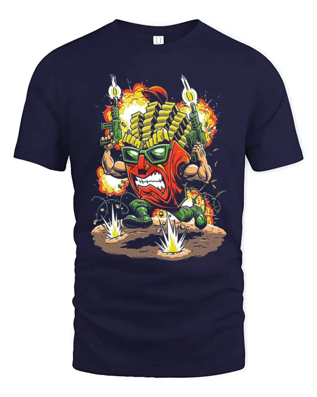 Funny Battle Fries Action Cartoon Explosive Graphic Tee - navy t-shirt on white background