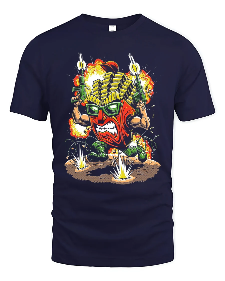Funny Battle Fries Action Cartoon Explosive Graphic Tee - 1 Funny Battle Fries Action Cartoon Explosive Graphic Tee - navy t-shirt on white background