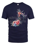 Floral Music Note Art Tee for Music Lovers Elegant Tshirt - navy t-shirt on white background