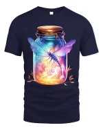 Glowing Dragonfly in Jar Fantasy Nature Art Graphic Tee - navy t-shirt on white background