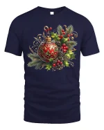 Elegant Christmas Ornament Holly Pinecone Festive Art Tee - navy t-shirt on white background