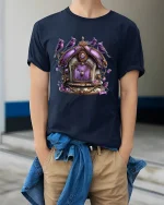 Whimsical Purple Birdhouse Fantasy Art Graphic Tee - model wearing navy tee with hands in pockets