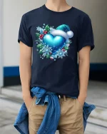 Blue Christmas Heart with Santa Hat Snowflake Holiday Tee - model wearing gray t-shirt, white background, hands behind back