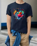 Colorful Music Heart Piano Violin Treble Note Art Graphic Tee - model wearing gray t-shirt, white background, hands behind back