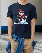 Rockin’ Snowman Guitar Player Cool Winter Christmas Graphic Tee - model wearing gray t-shirt, white background, hands behind back