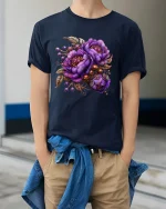 Elegant Purple Floral Bouquet Art Tee with Vintage Accents - model wearing gray t-shirt, white background, hands behind back