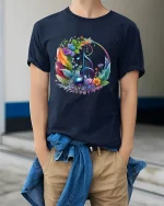 Floral Music Note Colorful Nature Art Tee for Music Lovers - model wearing gray t-shirt, white background, hands behind back