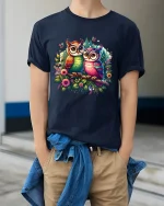 Colorful Owls in Floral Forest Fantasy Art Graphic Tee - model wearing navy tee with hands in pockets