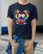 Romantic Wine Glasses Rainbow Splash Roses Art Graphic Tee - model wearing gray t-shirt, white background, hands behind back