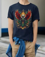 Fiery Eagle Phoenix Style Tribal Flame Art Graphic Tee - model wearing gray t-shirt, white background, hands behind back