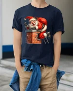 Funny Santa Stuck in Chimney Christmas Humor Graphic Tee - model wearing gray t-shirt, white background, hands behind back