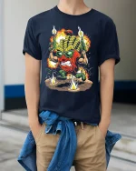 Funny Battle Fries Action Cartoon Explosive Graphic Tee - model wearing gray t-shirt, white background, hands behind back