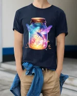Glowing Dragonfly in Jar Fantasy Nature Art Graphic Tee - model wearing navy tee with hands in pockets