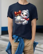 Cute Snowman Hugging Ornament Christmas Holiday Graphic Tee - model wearing gray t-shirt, white background, hands behind back