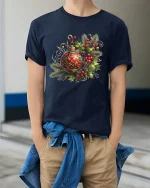 Elegant Christmas Ornament Holly Pinecone Festive Art Tee - model wearing gray t-shirt, white background, hands behind back