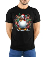 Funny Christmas Cartoon Dog Big Ornament Holiday Graphic Tee - black t-shirt in nature background wearing by model