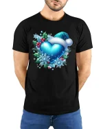 Blue Christmas Heart with Santa Hat Snowflake Holiday Tee - black t-shirt in nature background wearing by model