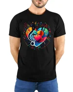 Colorful Music Heart Piano Violin Treble Note Art Graphic Tee - black t-shirt in nature background wearing by model