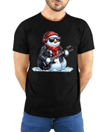 Rockin’ Snowman Guitar Player Cool Winter Christmas Graphic Tee - black t-shirt in nature background wearing by model