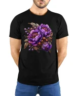 Elegant Purple Floral Bouquet Art Tee with Vintage Accents - black t-shirt in nature background wearing by model