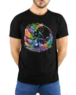 Floral Music Note Colorful Nature Art Tee for Music Lovers - black t-shirt in nature background wearing by model