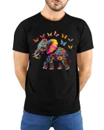 Colorful Floral Elephant with Butterflies Artistic Graphic Tee - black t-shirt in nature background wearing by model