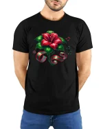 Christmas Hibiscus Flower Ribbon Music Notes Holiday Graphic Tee - black t-shirt in nature background wearing by model