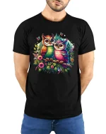 Colorful Owls in Floral Forest Fantasy Art Graphic Tee - model wearing black tee with hands behind back