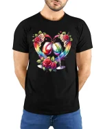 Romantic Wine Glasses Rainbow Splash Roses Art Graphic Tee - black t-shirt in nature background wearing by model