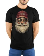 Funny Santa Make Christmas Great Again Holiday Graphic Tee - black t-shirt in nature background wearing by model