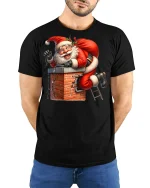Funny Santa Stuck in Chimney Christmas Humor Graphic Tee - black t-shirt in nature background wearing by model