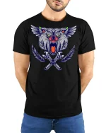 Fierce Winged Wolf Wrench Cross Tribal Mechanic Art Tee - black t-shirt in nature background wearing by model
