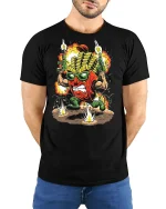 Funny Battle Fries Action Cartoon Explosive Graphic Tee - black t-shirt in nature background wearing by model
