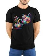 Colorful Floral Teapot Pouring Art Cute Tea Lover Graphic Tee - model wearing black tee with hands behind back