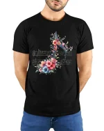 Floral Music Note Art Tee for Music Lovers Elegant Tshirt - model wearing black tee with hands behind back