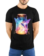 Glowing Dragonfly in Jar Fantasy Nature Art Graphic Tee - model wearing black tee with hands behind back