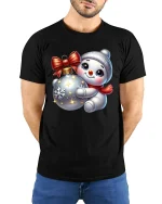 Cute Snowman Hugging Ornament Christmas Holiday Graphic Tee - black t-shirt in nature background wearing by model