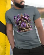 Whimsical Purple Birdhouse Fantasy Art Graphic Tee - model wearing grey tee, leaning on column