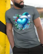 Blue Christmas Heart with Santa Hat Snowflake Holiday Tee - model wearing navy t-shirt, white background, hands in pockets