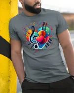 Colorful Music Heart Piano Violin Treble Note Art Graphic Tee - model wearing navy t-shirt, white background, hands in pockets