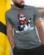 Rockin’ Snowman Guitar Player Cool Winter Christmas Graphic Tee - model wearing navy t-shirt, white background, hands in pockets