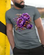 Elegant Purple Floral Bouquet Art Tee with Vintage Accents - model wearing navy t-shirt, white background, hands in pockets