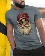 Funny Santa Make Christmas Great Again Holiday Graphic Tee - model wearing navy t-shirt, white background, hands in pockets