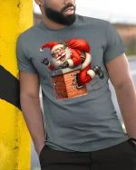 Funny Santa Stuck in Chimney Christmas Humor Graphic Tee - model wearing navy t-shirt, white background, hands in pockets
