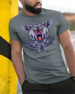 Fierce Winged Wolf Wrench Cross Tribal Mechanic Art Tee - model wearing navy t-shirt, white background, hands in pockets