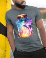Glowing Dragonfly in Jar Fantasy Nature Art Graphic Tee - model wearing grey tee, leaning on column