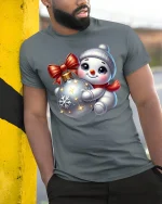 Cute Snowman Hugging Ornament Christmas Holiday Graphic Tee - model wearing navy t-shirt, white background, hands in pockets