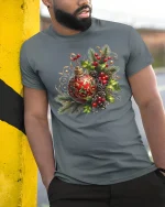 Elegant Christmas Ornament Holly Pinecone Festive Art Tee - model wearing navy t-shirt, white background, hands in pockets
