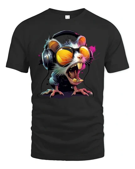 DJ Mouse T-Shirt - Funny Cool Rat with Headphones Tee - black t-shirt on white background