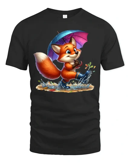 Cute Fox Rainy Day T-Shirt - Adorable Animal Lover Tee - black t-shirt on white background